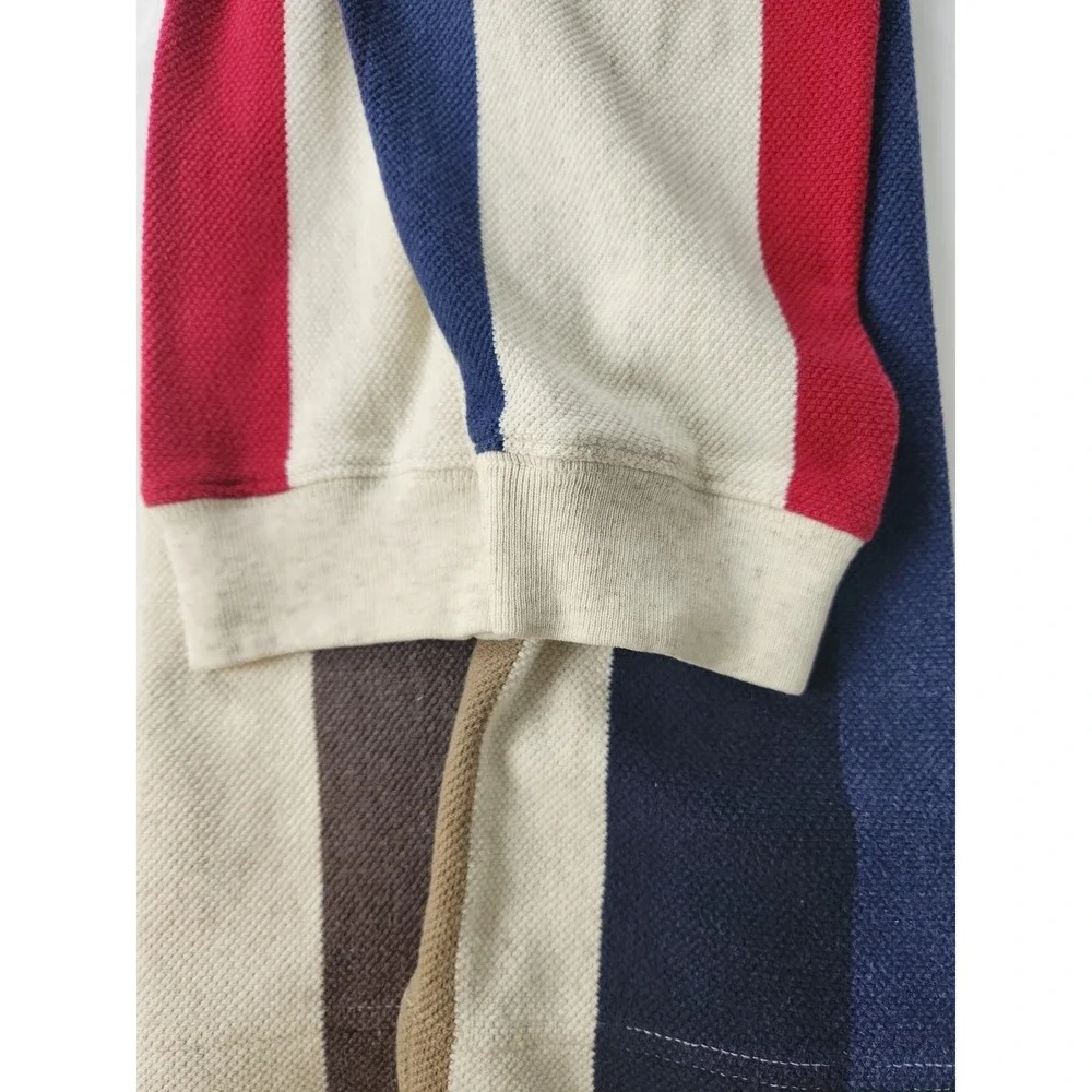 VTG 90s Chaps Ralph Lauren Med Vertical Striped Rugby Shirt Tan Corduroy Collar